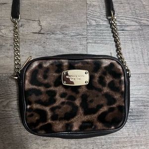 Michael Kors leopard haircalf with leather trim crossbody